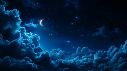 Obraz premium A breathtaking view of a dark night sky illuminated by a crescent moon and twinkling stars. The sky is filled with billowing clouds, creating a sense of wonder and mystery. The image evokes feelings o