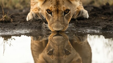 A close-up of a lioness drinking from a waterhole in Serengeti National Park, with her reflection visible in the water.