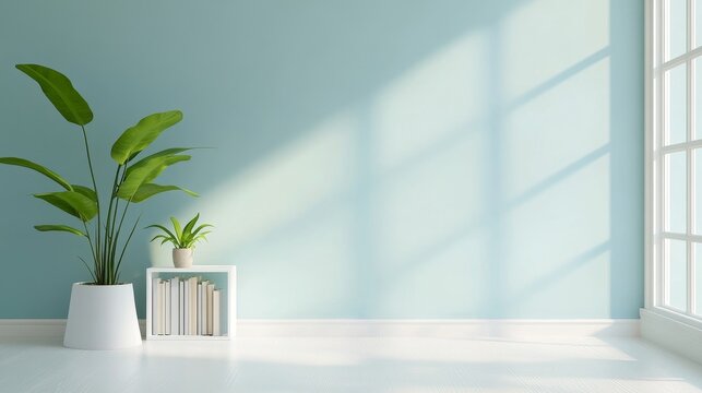 A bright and airy room with a light blue wall, a white bookshelf filled with books, and a large plant in a white pot. The sunlight streaming through the window creates a warm and inviting atmosphere, 