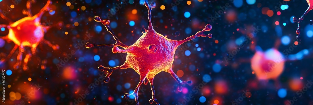 Poster a captivating microscopic image showcasing the intricate network of neuron cells, with vibrant color