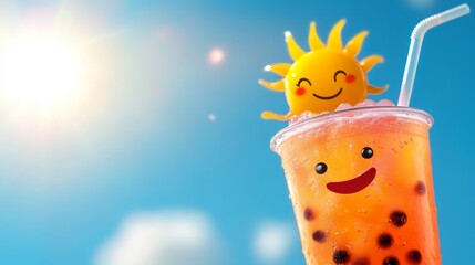 A cartoon bubble tea character enjoys a sunny day, symbolizing happiness, summer vibes, refreshing drinks, playful designs, and the joy of simple pleasures.