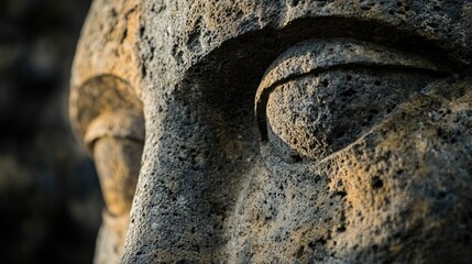 A close-up of a Moai statue's eyes, showing the detailed carvings and weathered stone.