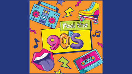 Obraz premium For an 80s-themed party, you could design something that includes the bold, neon colors, geometric shapes, and iconic imagery from the 1980s. Think of elements like cassette tapes, boomboxes, pixel ar