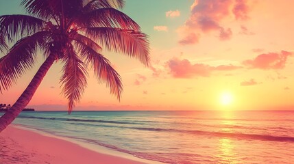 Fototapeta premium Mesmerizing Tropical Beach Sunset with Swaying Palm Trees and Warm Colors