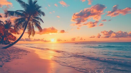 Tranquil Tropical Beach Sunset with Swaying Palm Trees and Calm Ocean Waves