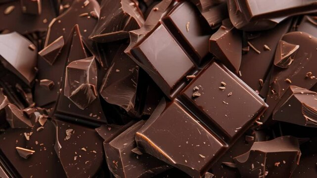 Assorted pieces of dark chocolate stacked together showing detailed textures and reflections. Ideal for food photography and indulgence.