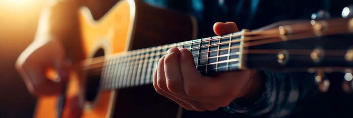 Fototapeta premium A close-up shot of a guitarist's hand playing an acoustic guitar. The image captures the beauty of music and the passion of a musician. The guitar strings are in focus, suggesting the delicate and pr