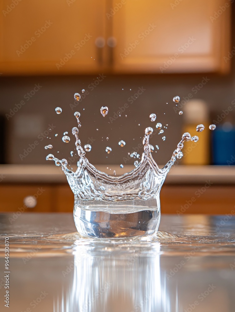 Poster a close-up shot of water splashing in a large crown shape with a blurry background. this image symbo