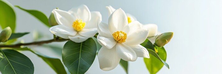 A close-up shot of white magnolia flowers in bloom, with soft, delicate petals and a bright yellow center. The flowers are on a branch with green leaves, suggesting a blooming spring season.  The imag