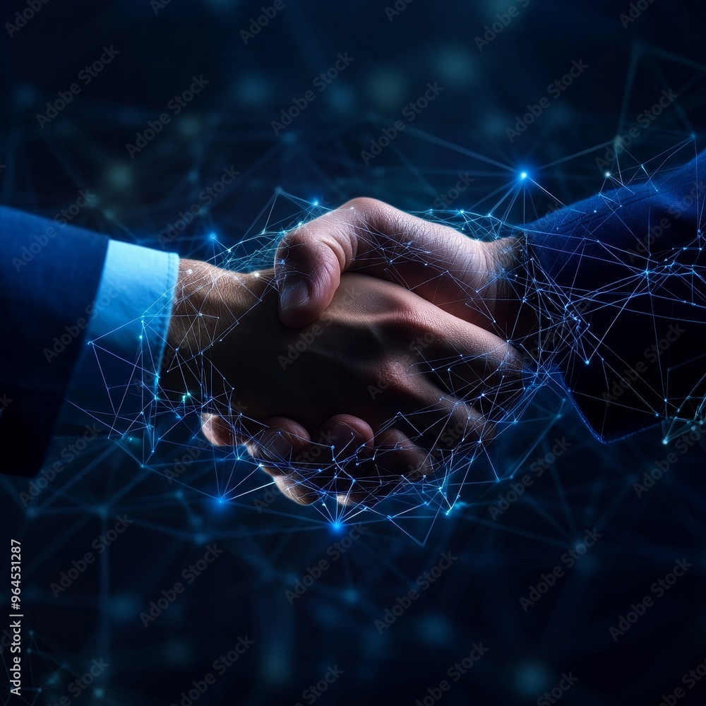 Poster a conceptual illustration depicting a handshake with interconnected lines symbolizing a business net