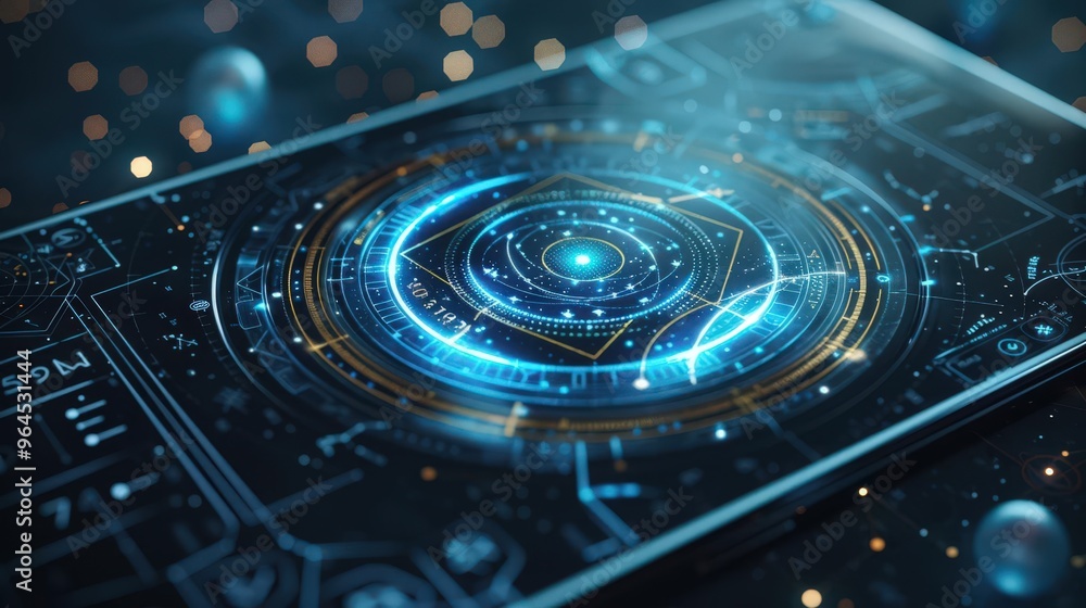 Poster futuristic smartphone display with glowing holographic interface design and intricate technology ele