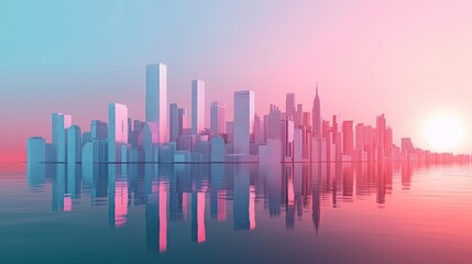 3D render of future urban skyline minimal composition sleek architecture high-rise buildings sunset gradient sky reflections modern cityscape