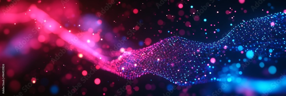 Poster a digital art piece depicting a vibrant, futuristic landscape with a neon-lit network of interconnec
