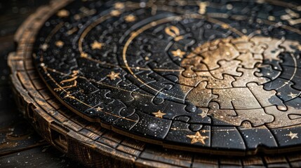 Obraz premium A close-up of a beautifully crafted puzzle featuring a starry cosmic design, perfect for showcasing creativity and mindfulness.
