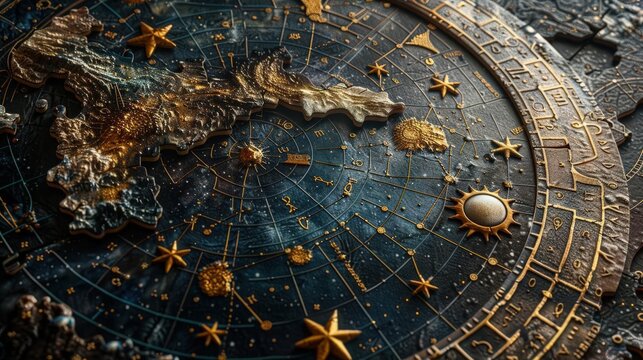Close-up of a detailed celestial map, showcasing stars, planets, and intricate designs in a stunning, textured finish.