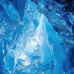 A close-up of the ice walls inside the Crystal Ice Cave, showing the delicate patterns and shades of blue