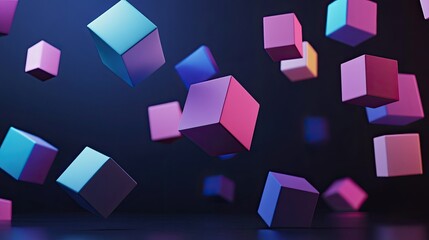 Abstract 3D geometric shapes floating on a dark background with soft lighting, copy space available.