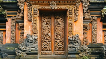 Obraz premium A close-up of the intricate carvings on the doors of a traditional Balinese temple.