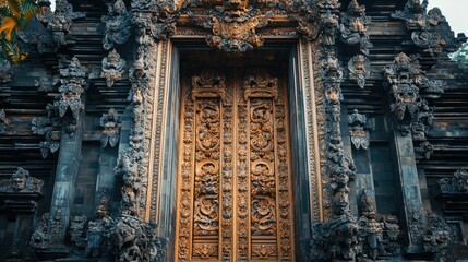 A close-up of the intricate carvings on the doors of a traditional Balinese temple.