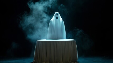 A ghostly figure stands on a podium shrouded in smoke and fog, creating a spooky and eerie Halloween atmosphere. The ghost's white sheet and ghostly appearance add to the unsettling ambiance, evoking 