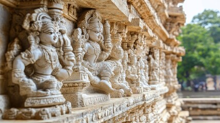 A close-up of the intricate stone carvings at the Vittala Temple, depicting scenes from Hindu mythology. -