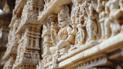 A close-up of the intricate stone carvings at the Vittala Temple, depicting scenes from Hindu mythology. -