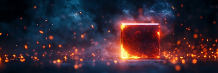 Obraz premium A glowing cube sits on a smoky stage, surrounded by sparks and fire. The cube represents power, mystery, and the unknown. The smoke and fire create an ethereal and dramatic atmosphere.