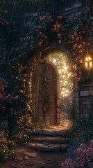 Mystical garden door surrounded by glowing flowers