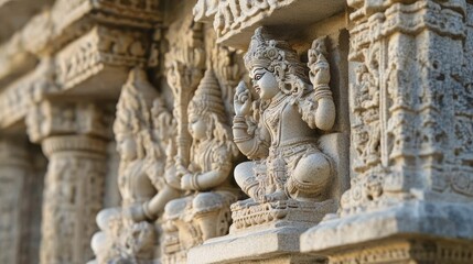 Obraz premium A close-up of the intricate stone carvings at the Vittala Temple, depicting scenes from Hindu mythology. -