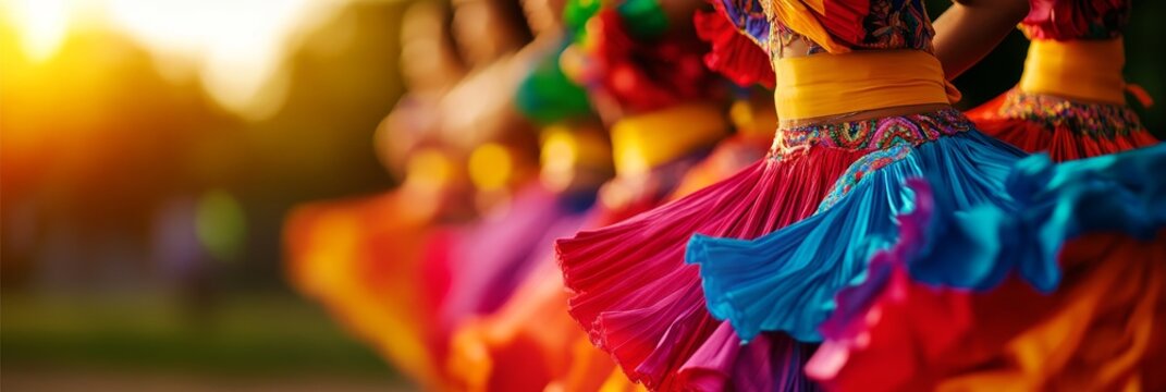A group of young people in colorful traditional clothing dance and celebrate Hispanic heritage. The image symbolizes cultural expression, diversity, community, joy, and youth empowerment.