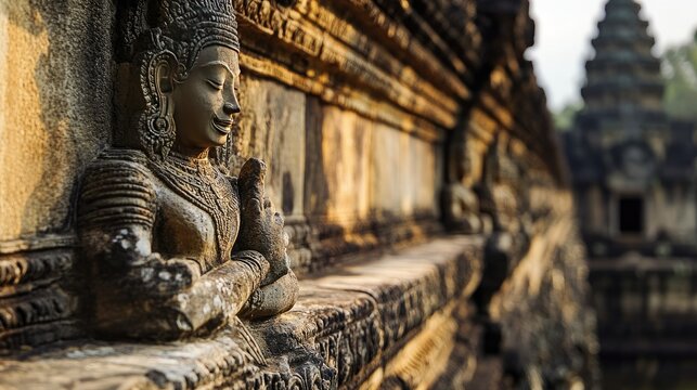 A close-up of the intricate stone carvings on the walls of Angkor Wat, highlighting the temple rich history and cultural significance.
