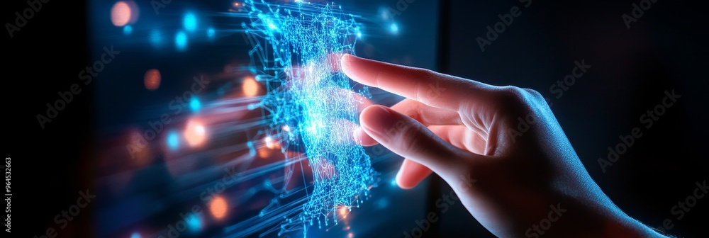 Poster a hand reaches out to touch a holographic representation of a network of data, illustrating the conc