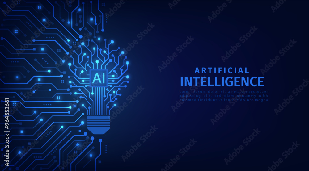 Poster The light bulb circuit with AI chip on the circuit motherboard. Idea and innovation by AI. Artificial intelligence and Machine learning technology concept. Vector Illustration.