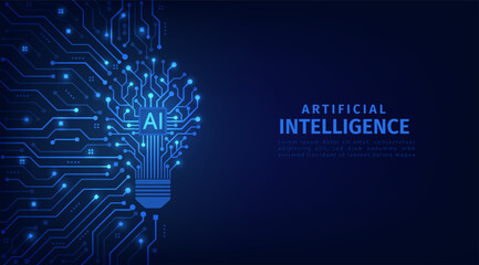 The light bulb circuit with AI chip on the circuit motherboard. Idea and innovation by AI. Artificial intelligence and Machine learning technology concept. Vector Illustration.