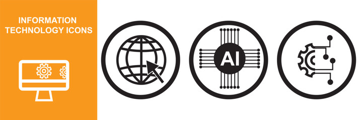 Artificial intelligence icon set. Containing machine learning, data science and so on. Flat information technology related icons.