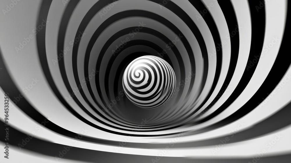 Poster a mesmerizing black and white spiral optical illusion that draws the eye inwards, creating a sense o