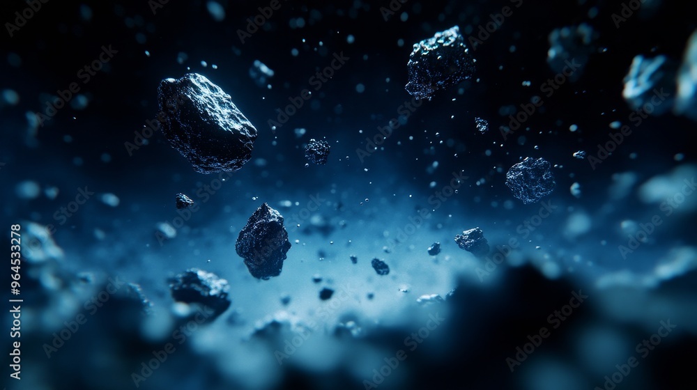 Poster a mesmerizing scene of icy asteroids scattered throughout a vast, dark expanse of space. the asteroi