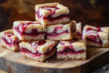 A stack of white chocolate blondies with swirls of raspberry jam, cut into squares on a wooden board