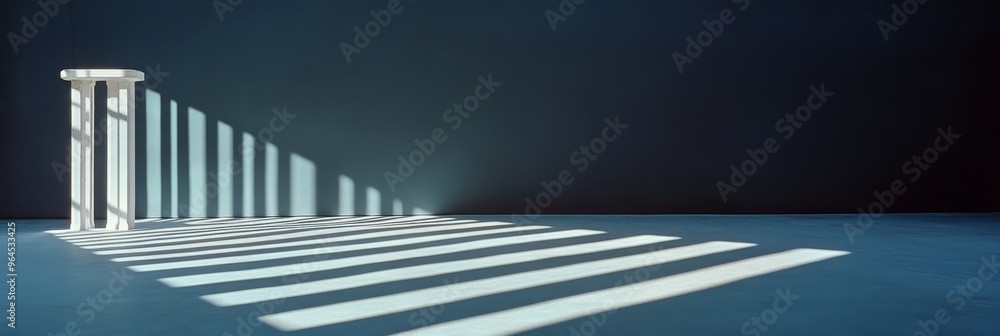 Poster a minimalist photogram featuring a white structure casting dramatic shadow lines onto a dark blue fl