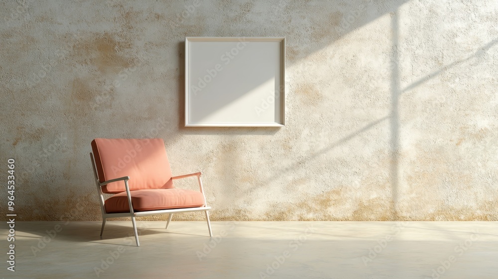 Poster a minimalist living room featuring a single chair placed in front of a large, empty frame, with warm