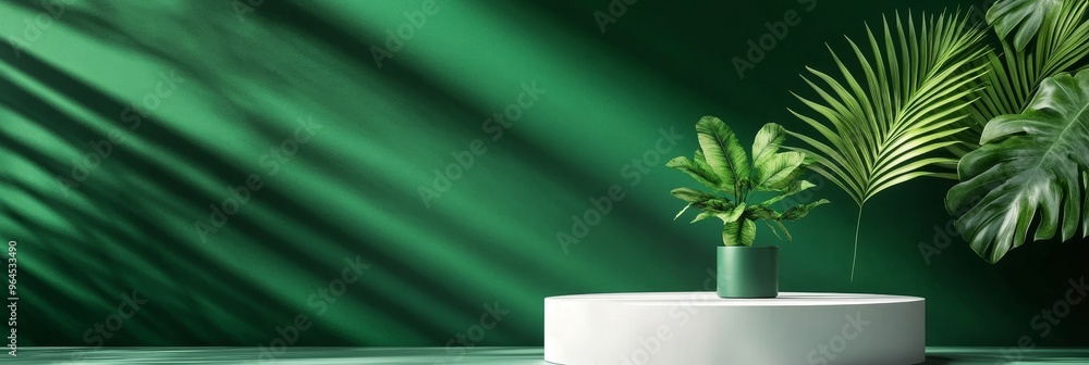 Poster a minimalist product display featuring a white podium with a green backdrop. sunlight shines through