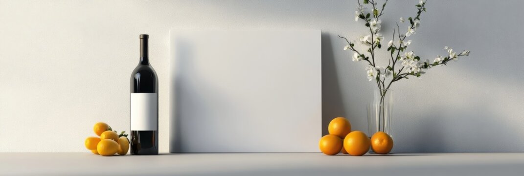 A minimalist still life featuring a blank canvas, a bottle of wine, oranges, and a vase of white flowers. It represents simplicity, freshness, and a blank slate for creativity.