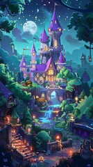 Whimsical Fantasy Castle Illuminated Under Starry Sky