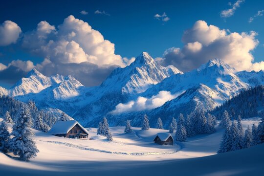 A picturesque winter scene featuring snow-capped mountains, a clear blue sky, fluffy clouds, and two cozy cabins nestled in a snowy valley. The image evokes feelings of peace, tranquility, and the bea