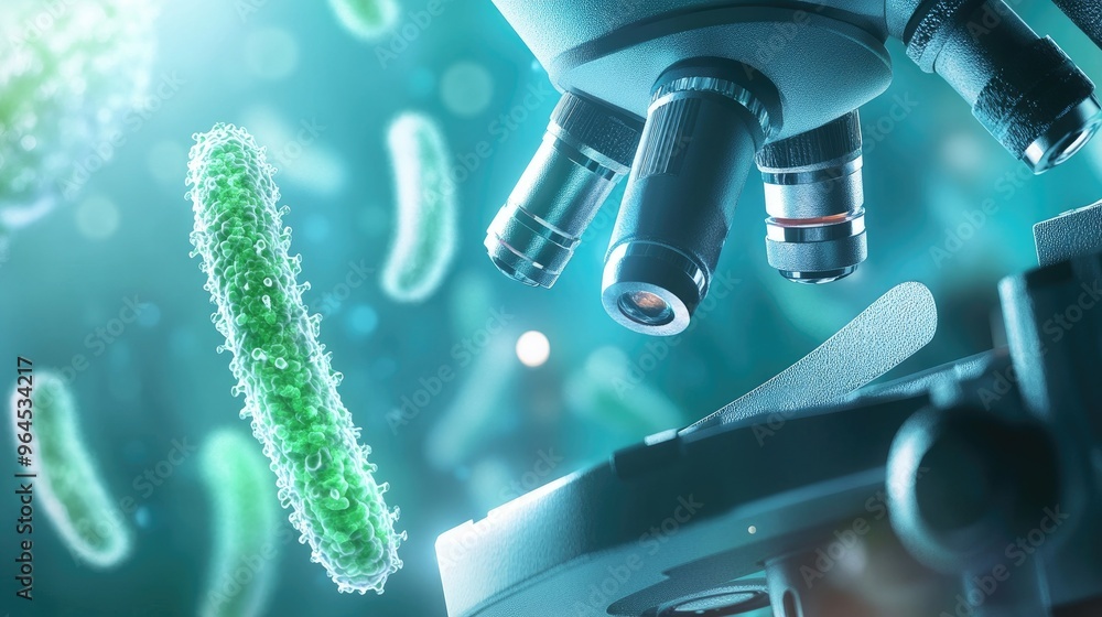Poster close-up of germs under a microscope with ample copy space