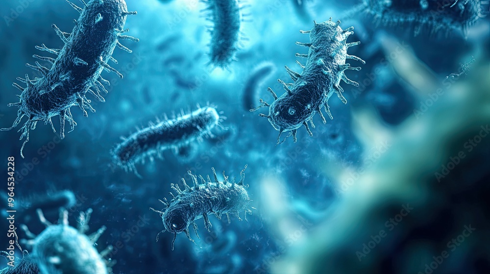 Poster close-up of germs under a microscope with ample copy space