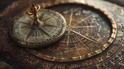 Obraz premium Intricate vintage astrolabe showcasing detailed celestial maps and markings, perfect for history and astronomy enthusiasts.