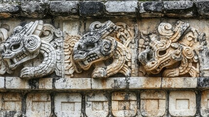 A close-up of the stone carvings on the Nunnery Complex at Chichen Itza, illustrating the craftsmanship of the Mayans.