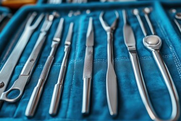A set of surgical instruments arranged neatly on a blue cloth in a medical facility