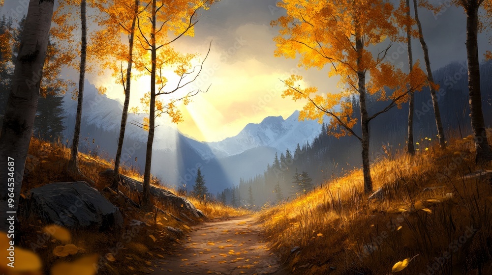 Poster a serene autumn landscape with golden sunlight filtering through the leaves of trees lining a path l
